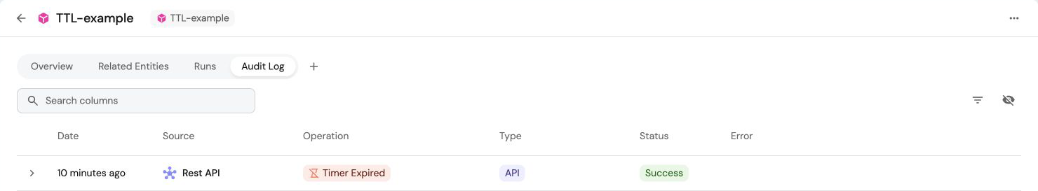 Port audit log showing a successful Timer Expired event for a TTL entity