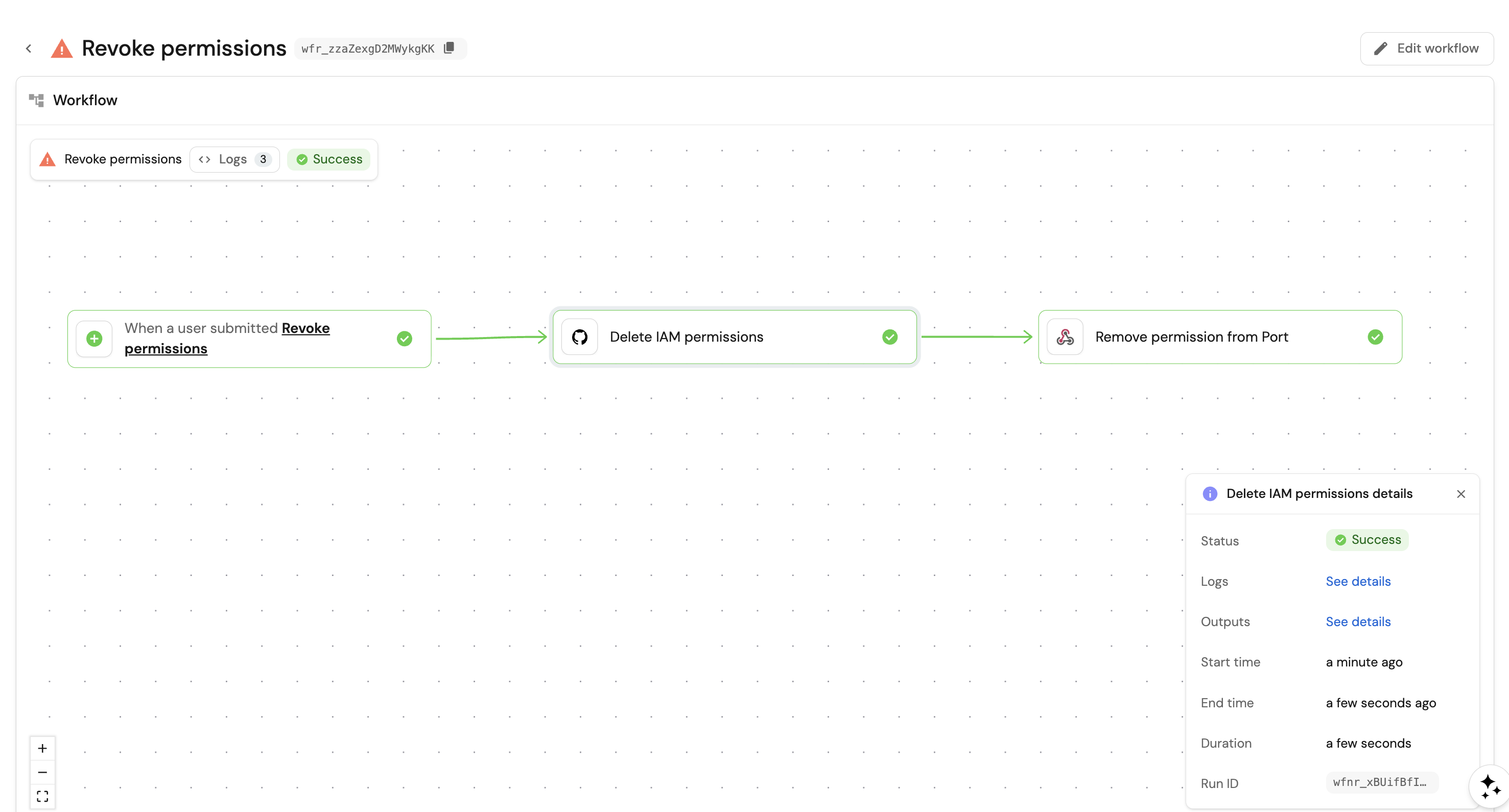 Permissions workflow run log with AWS sign-in URL