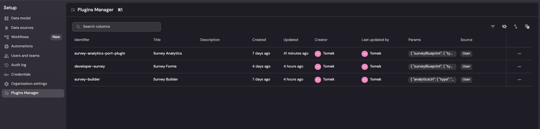 The Plugins Manager in Builder, listing the three uploaded survey plugins