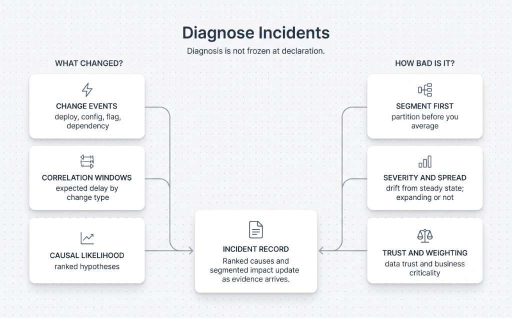 Diagnose incidents: what changed and how bad is it feed ranked causes and segmented impact into the incident record